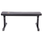 Black flat weight bench with sturdy steel frame for gym or home workout.