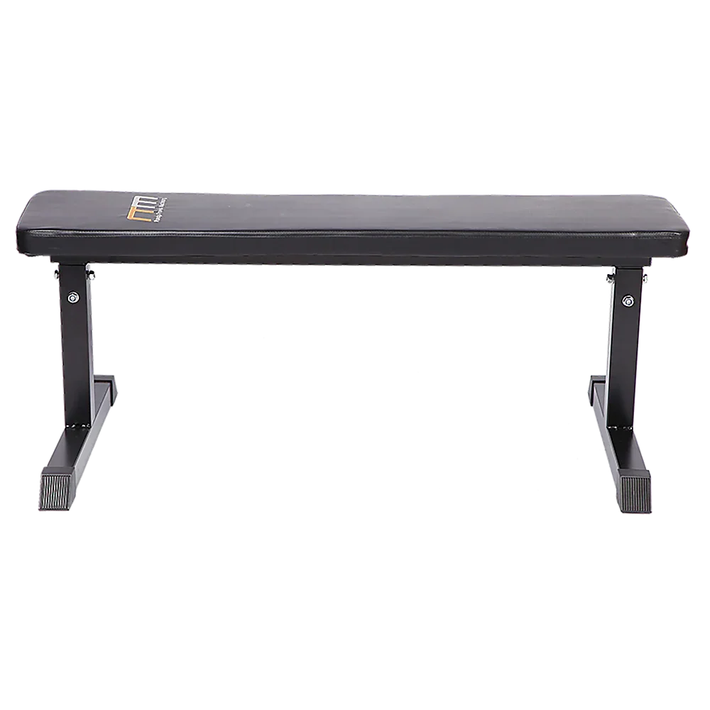 Black flat weight bench with sturdy steel frame for gym or home workout.