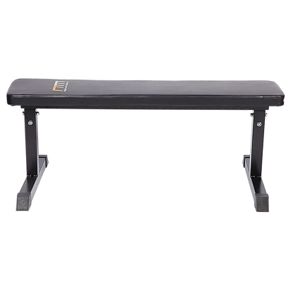 Black flat weight bench with sturdy steel frame for gym or home workout.