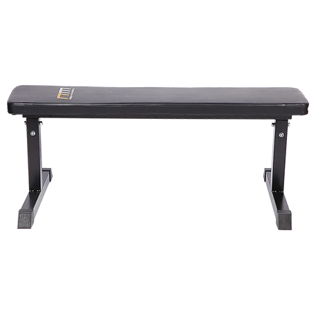 Black flat weight bench with sturdy steel frame for gym or home workout.