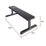 Flat weight bench with black padded seat and steel frame, dimensions 110x52x43cm