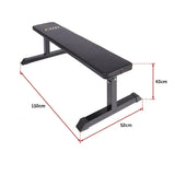 Flat weight bench with black padded seat and steel frame, dimensions 110x52x43cm