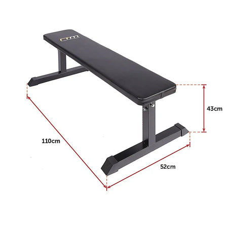 Flat weight bench with black padded seat and steel frame, dimensions 110x52x43cm