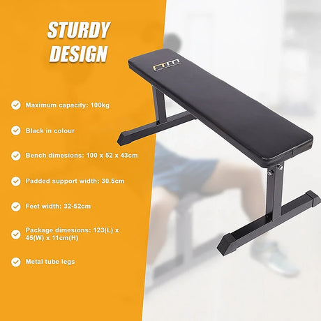 Black gym bench with metal tube legs and padded support, sturdy design, fitness equipment