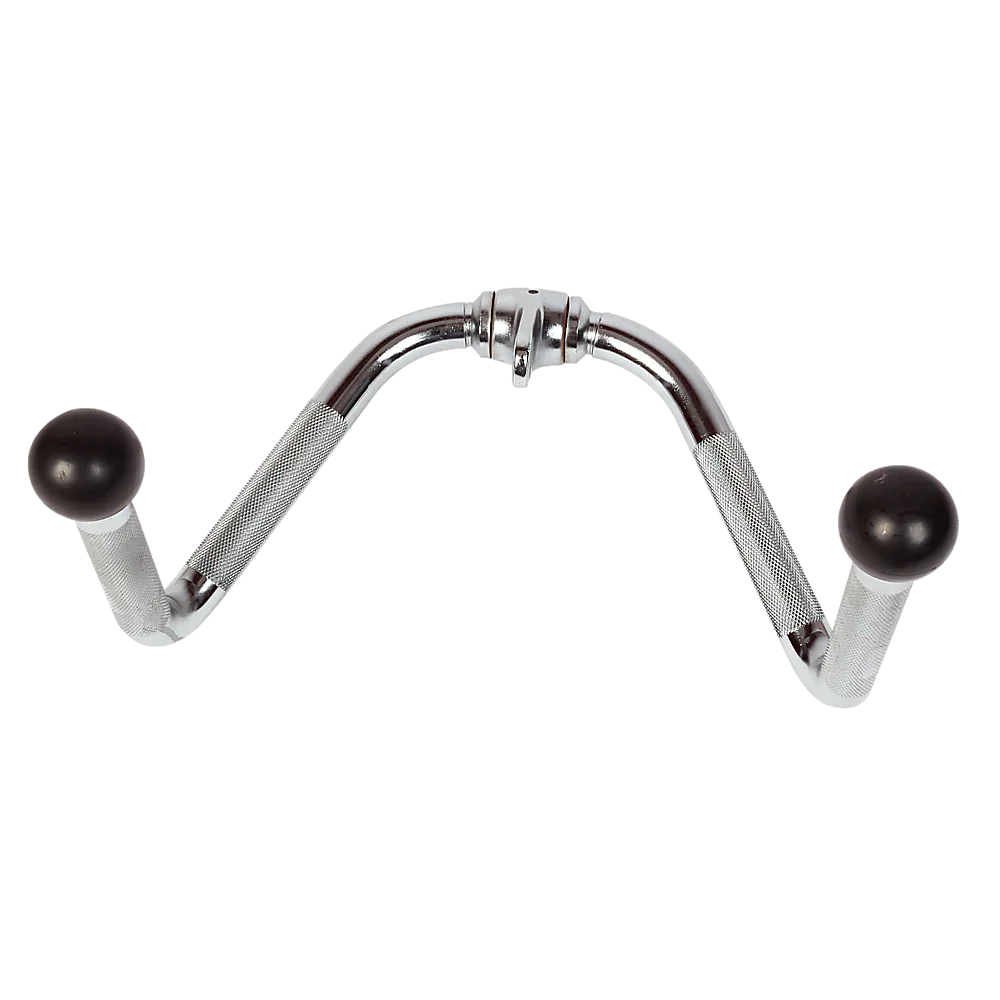 Chrome steel V-shaped cable attachment with knurled handles and black rubber ends for gym workouts