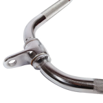 Close-up of chrome-plated curved workout handle with knurled grips and swivel attachment