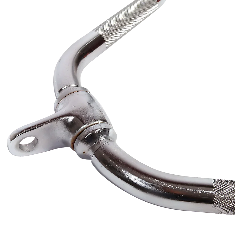 Close-up of chrome-plated curved workout handle with knurled grips and swivel attachment