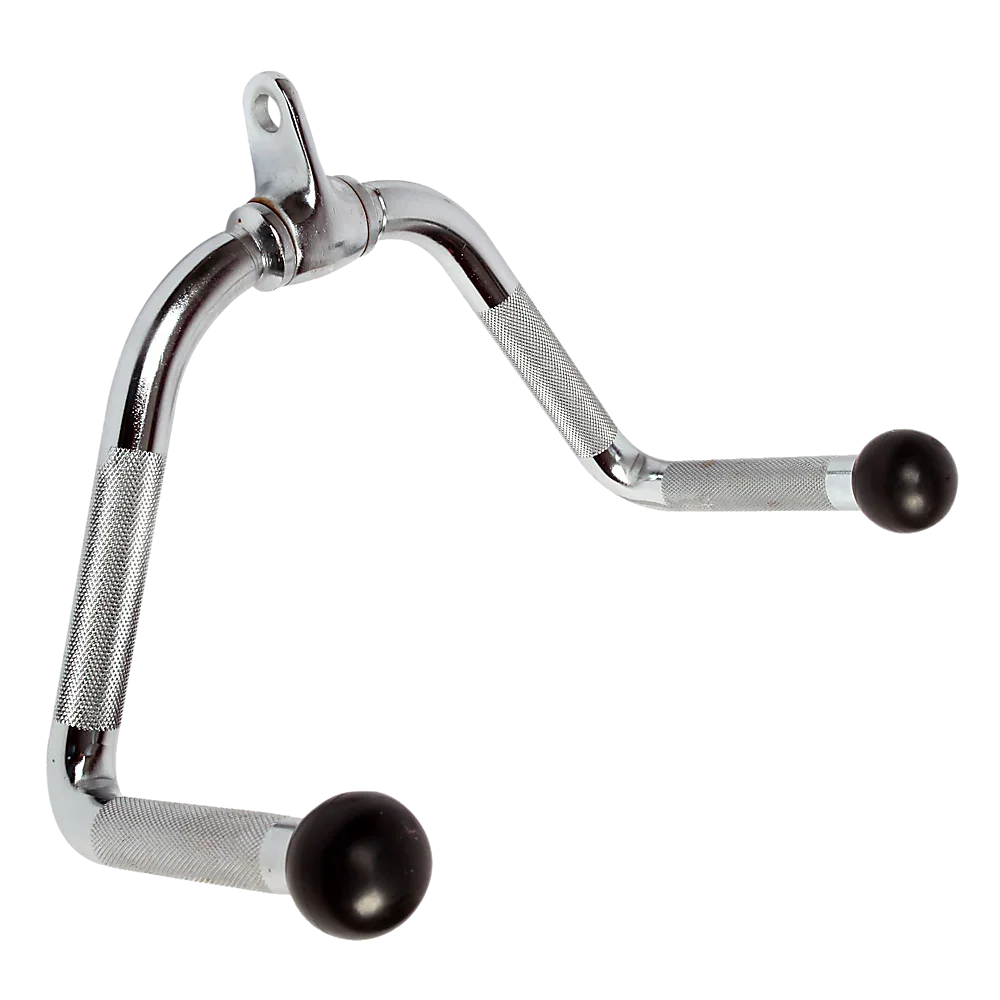 Chrome plated V-shaped cable attachment with knurled grips and black ball ends for gym pulley machines