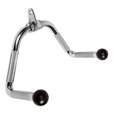 Chrome plated V-shaped cable attachment with knurled grips and black ball ends for gym pulley machines