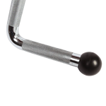Close-up of knurled metal L-shaped handle with black rubber ball end