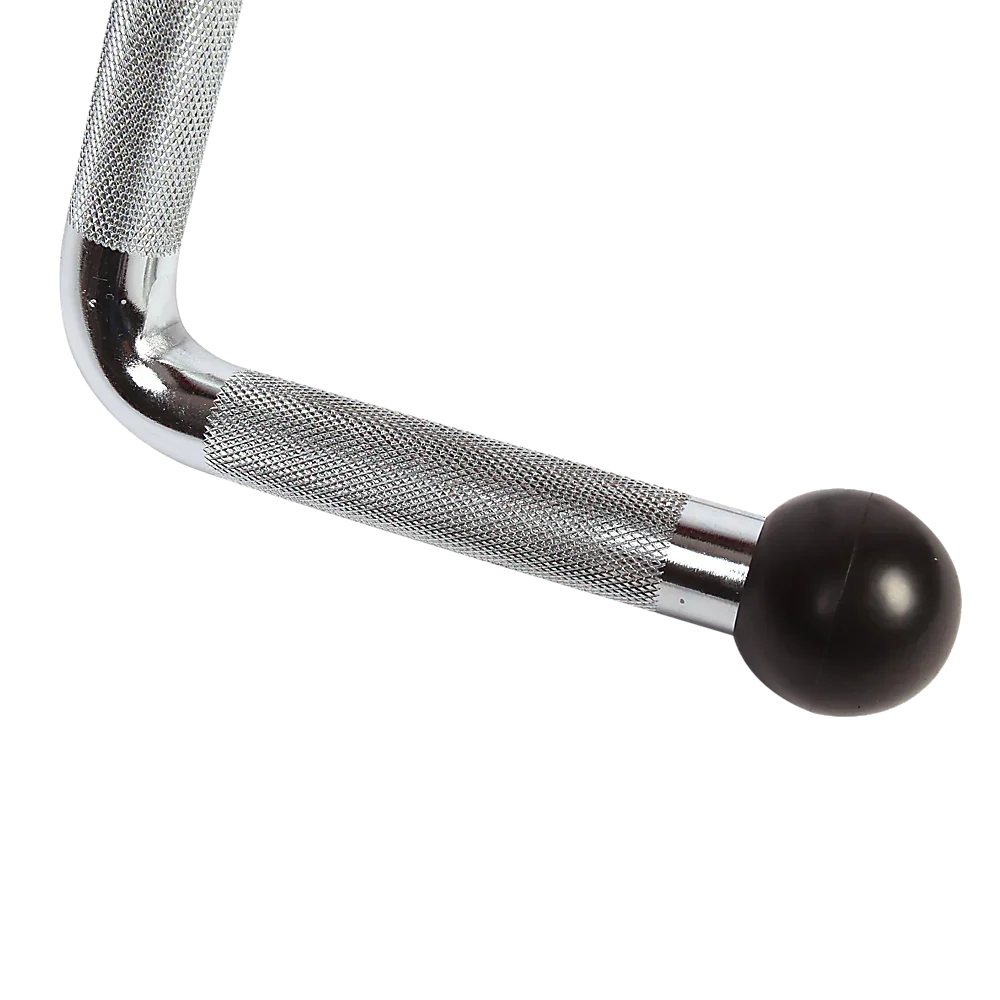 Close-up of knurled metal L-shaped handle with black rubber ball end