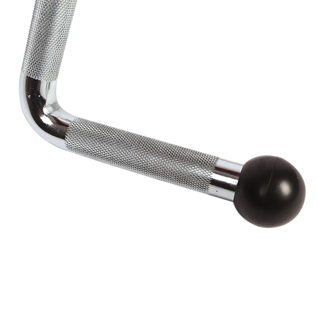 Close-up of knurled metal L-shaped handle with black rubber ball end