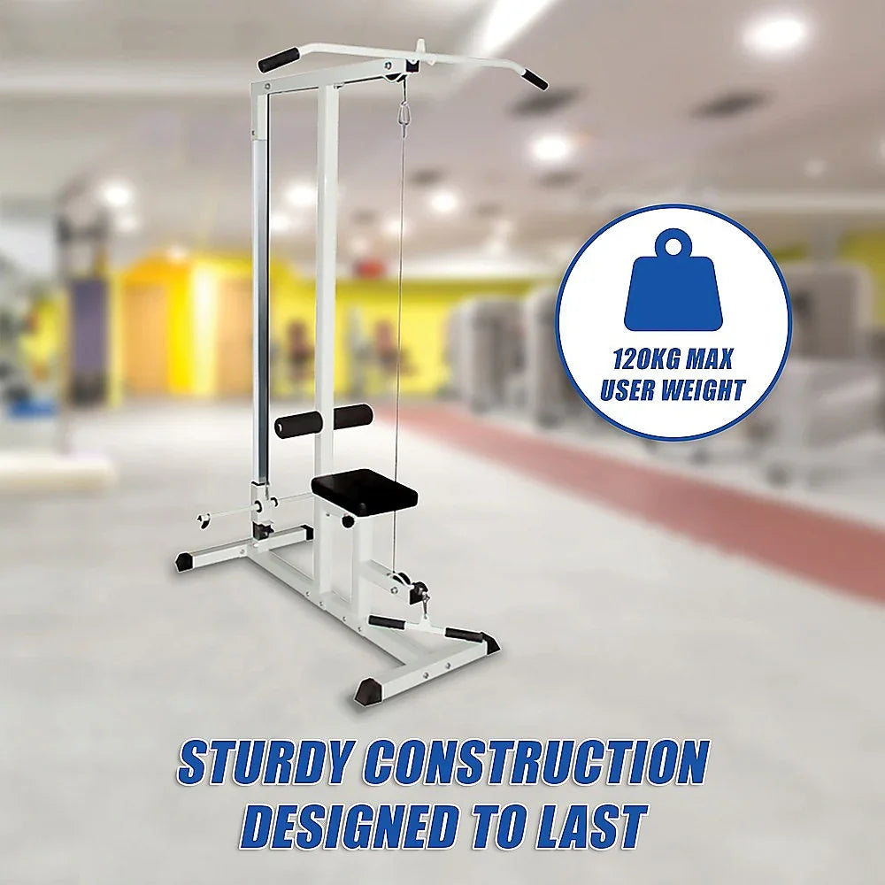 Home gym lat pulldown machine with 120kg max user weight in bright fitness center