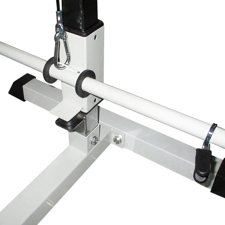 White metal adjustable support frame with hooks and clamps for pole mounting