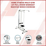 Home fitness multi gym lat pull down machine with steel frame and padded bench