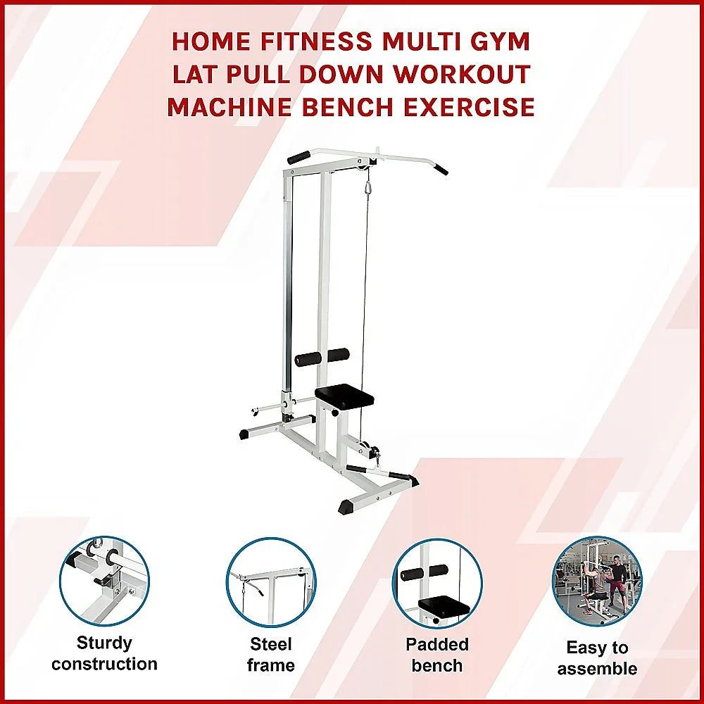 Home fitness multi gym lat pull down machine with steel frame and padded bench