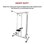 Heavy duty all-steel lat pulldown machine with padded bench for home gym workouts