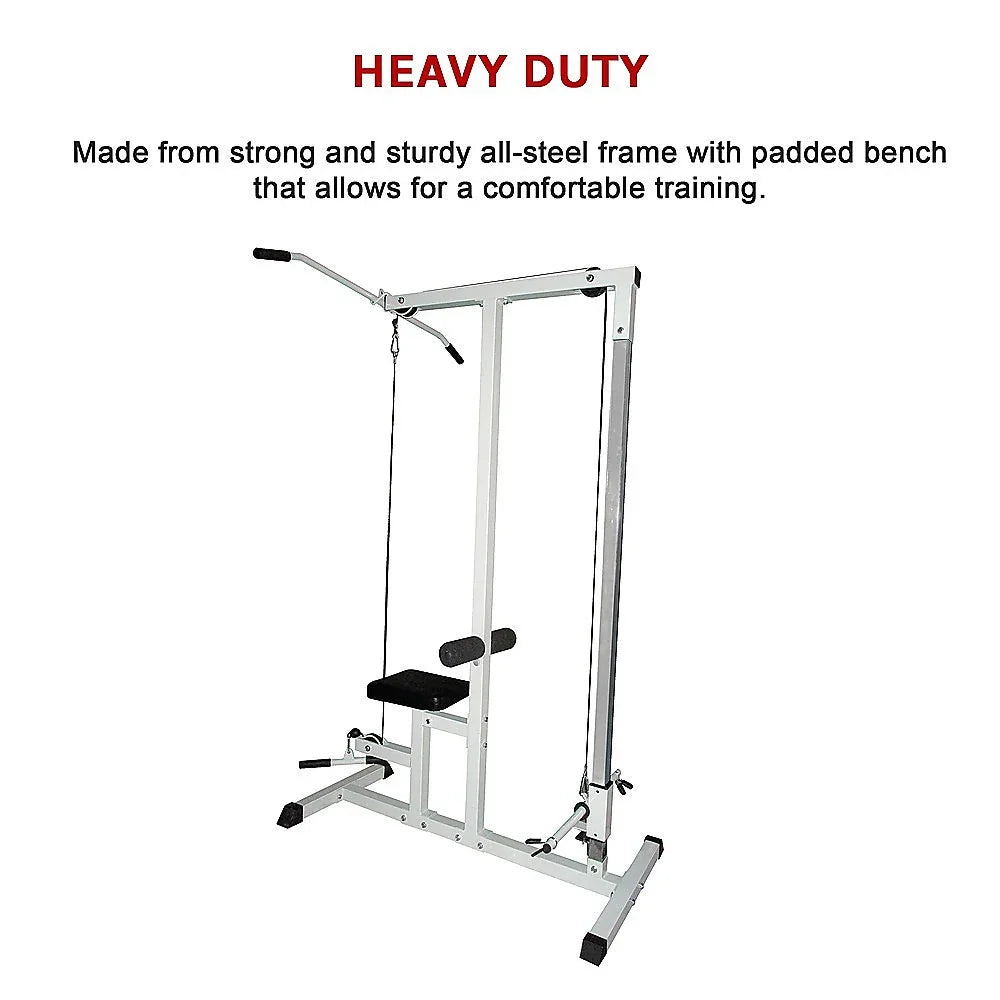 Heavy duty all-steel lat pulldown machine with padded bench for home gym workouts