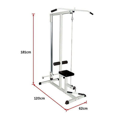 White lat pulldown machine with black seat, dimensions 181x120x62cm, home gym equipment