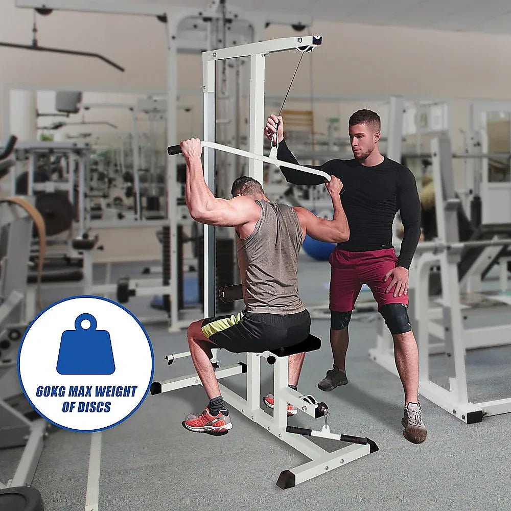 Two men using a lat pulldown machine in a gym, with 60kg max weight of discs sign visible.