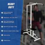 Heavy duty cable and bar gym machine with padded bench, sturdy design, fitness equipment specs listed.