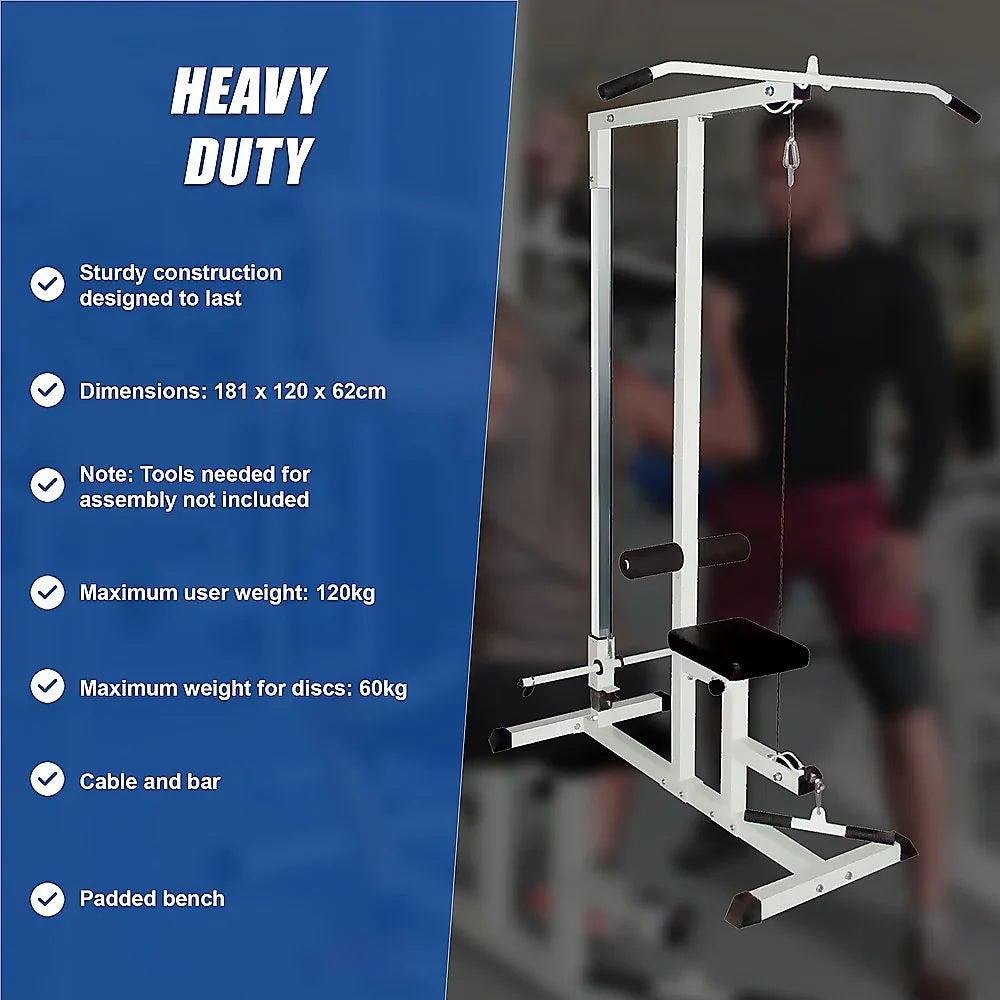 Heavy duty cable and bar gym machine with padded bench, sturdy design, fitness equipment specs listed.