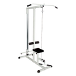 Lat pulldown machine with white frame and black seat for home gym strength training