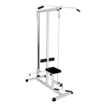 Lat pulldown machine with white frame and black seat for home gym strength training