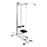 Lat pulldown machine with white frame and black seat for home gym strength training