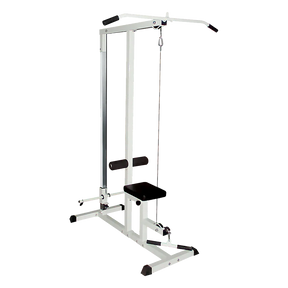 Lat pulldown machine with white frame and black seat for home gym strength training