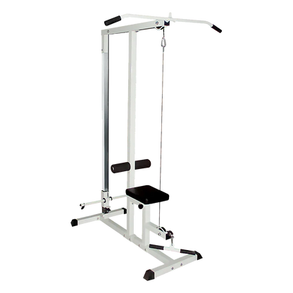 Lat pulldown machine with white frame and black seat for home gym strength training
