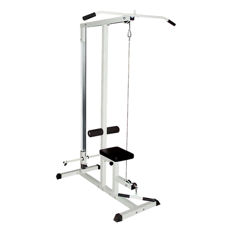 Lat pulldown machine with white frame and black seat for home gym strength training