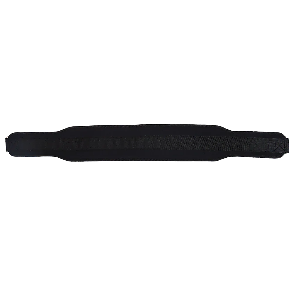 Black padded weightlifting belt with adjustable strap for back support and fitness