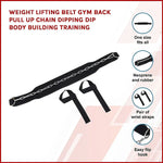Black weight lifting belt with chain and pair of wrist straps for gym pull up and bodybuilding