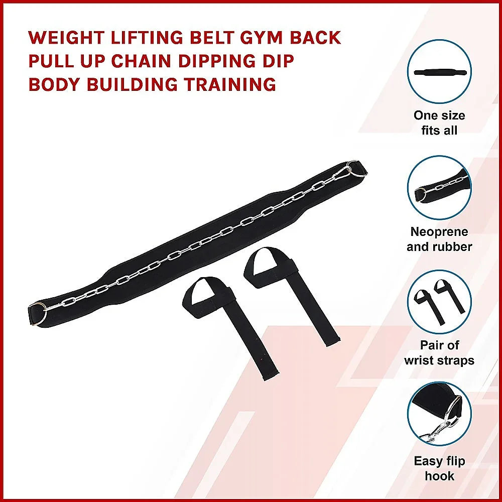 Black weight lifting belt with chain and pair of wrist straps for gym pull up and bodybuilding