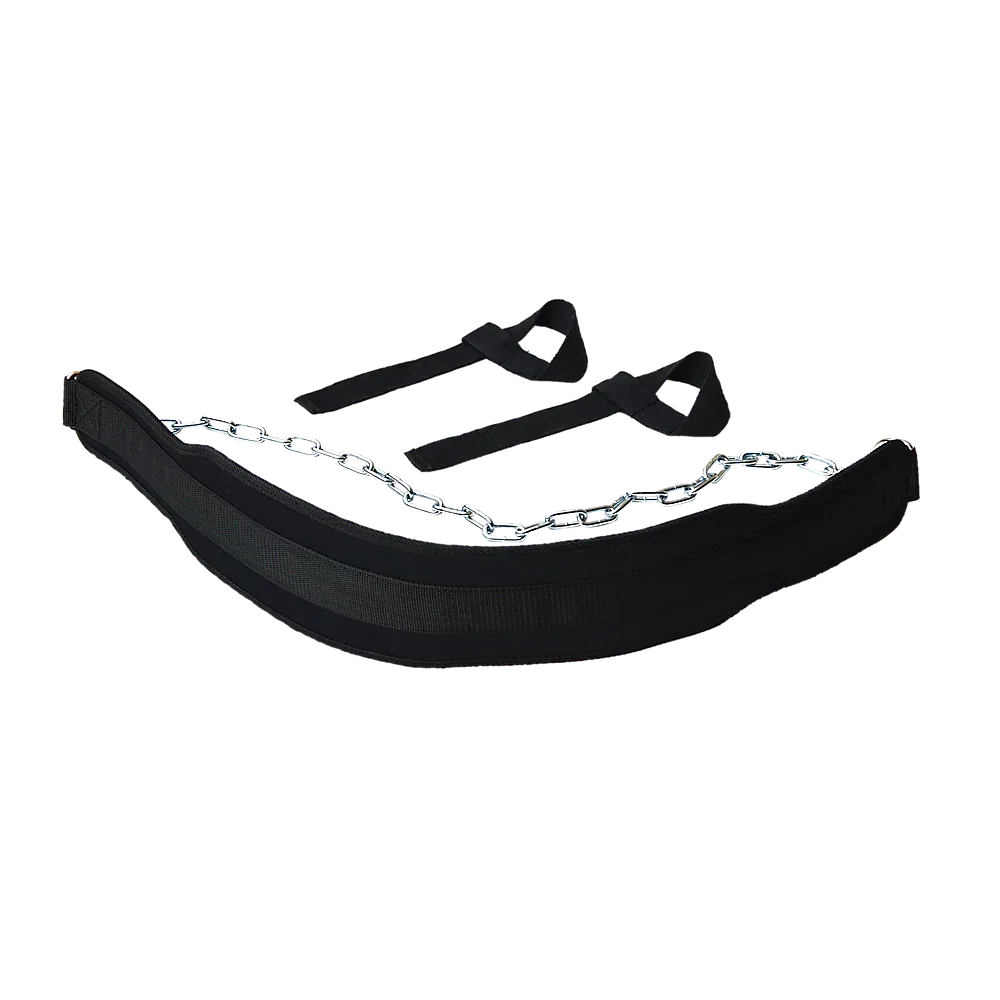 Black padded dip belt with attached metal chain and two black lifting straps