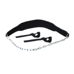 Black metal dip belt with silver chain and black ankle straps for weight lifting
