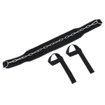 Black dip belt with silver chain and two black wrist straps on white background