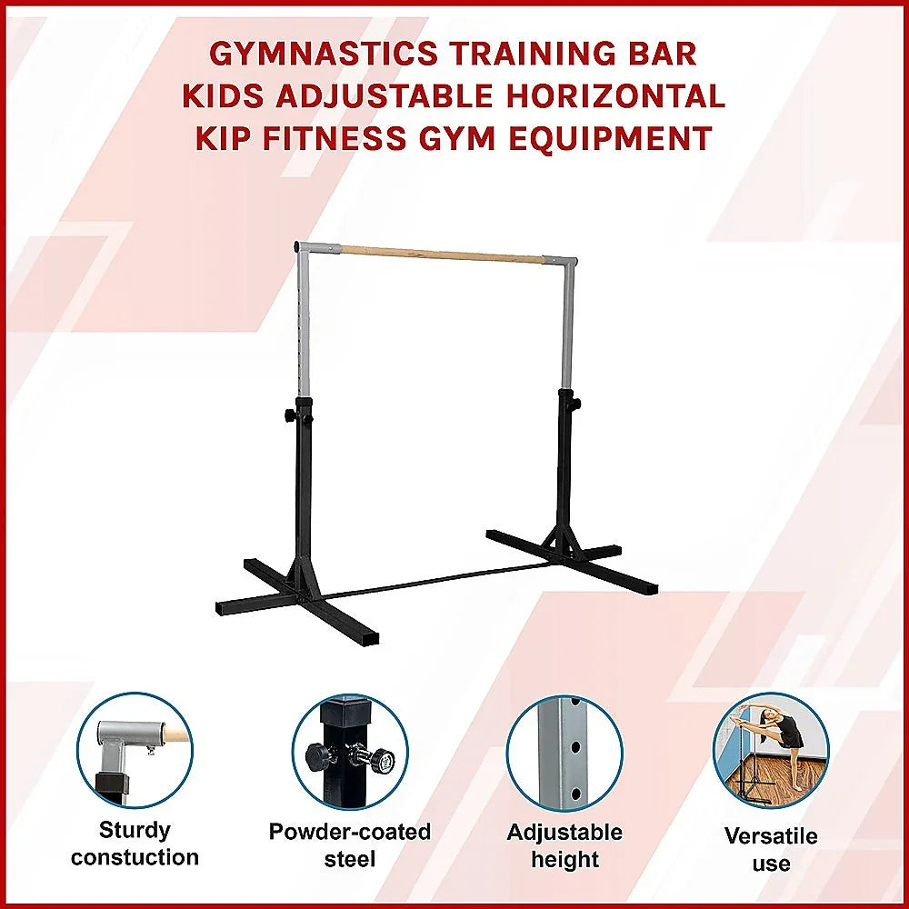 Kids gymnastics training bar, adjustable horizontal kip bar with sturdy steel base.
