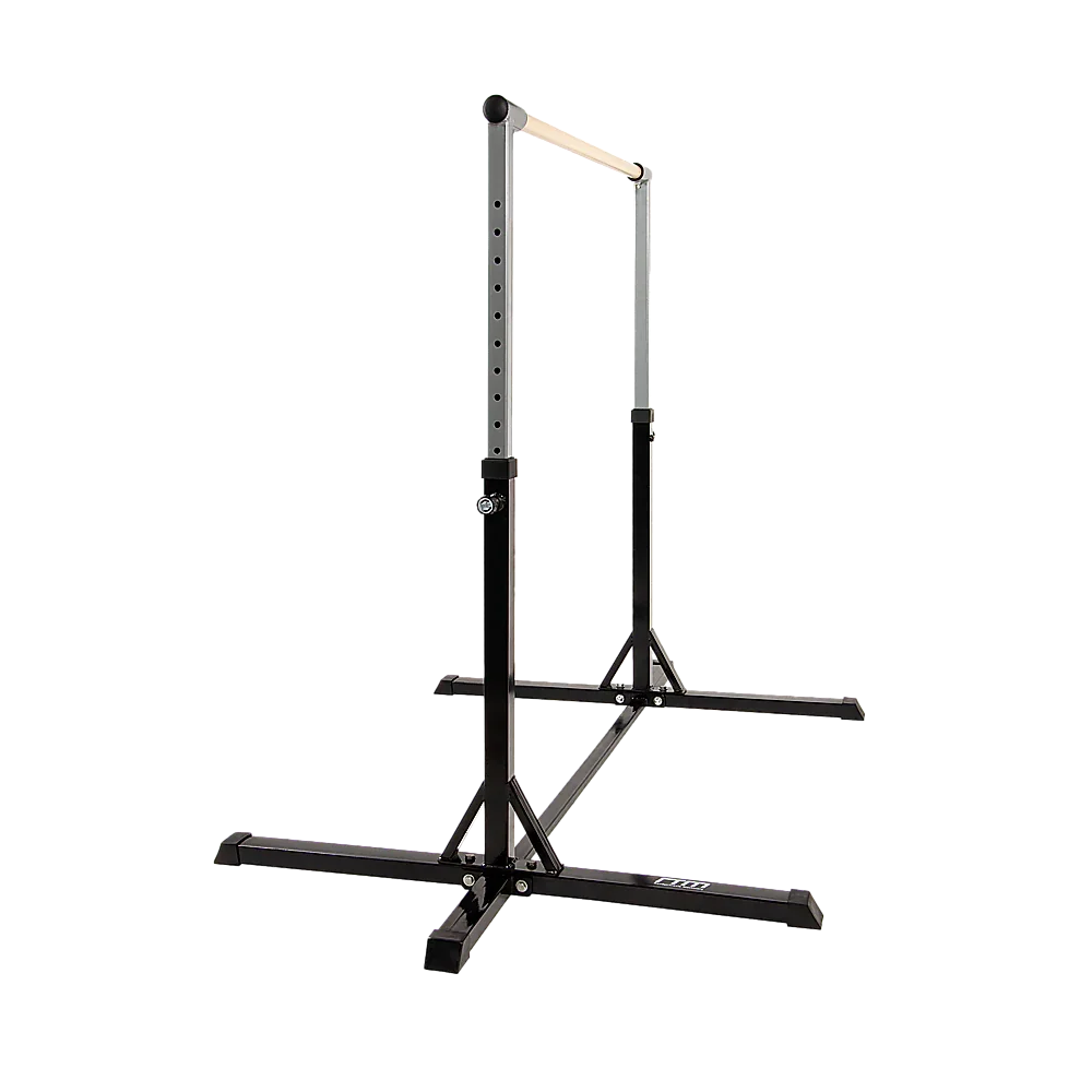 Adjustable steel pull-up bar stand for home gym, black and silver frame on black background