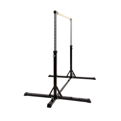 Adjustable steel pull-up bar stand for home gym, black and silver frame on black background