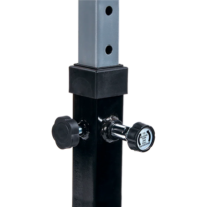 Adjustable gym rack upright with locking pin and knob on black background