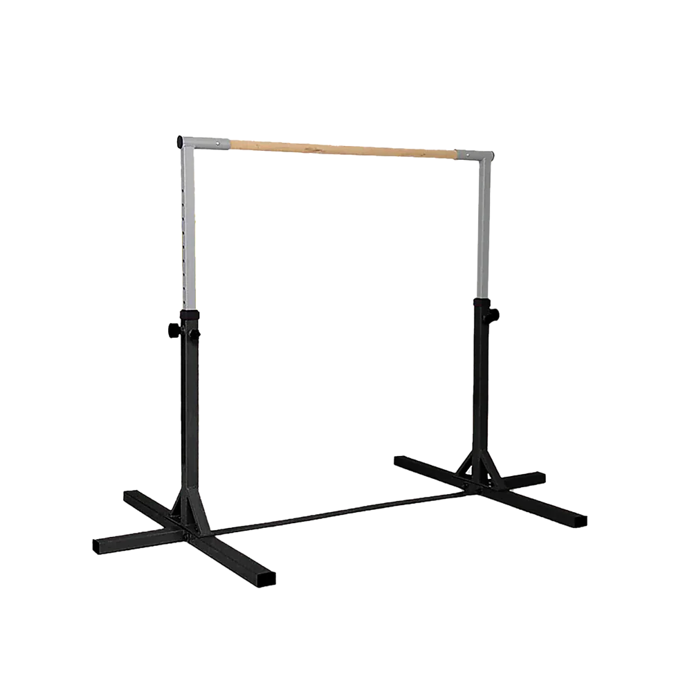 Adjustable gymnastics horizontal bar with sturdy black metal base on white background