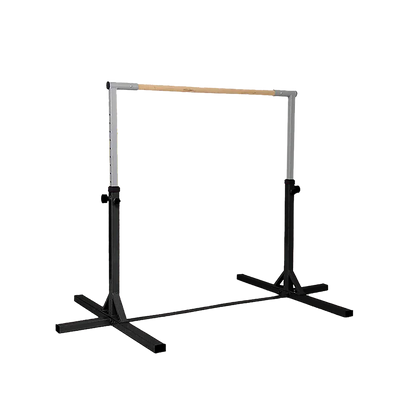 Adjustable gymnastics horizontal bar with sturdy black metal base on white background