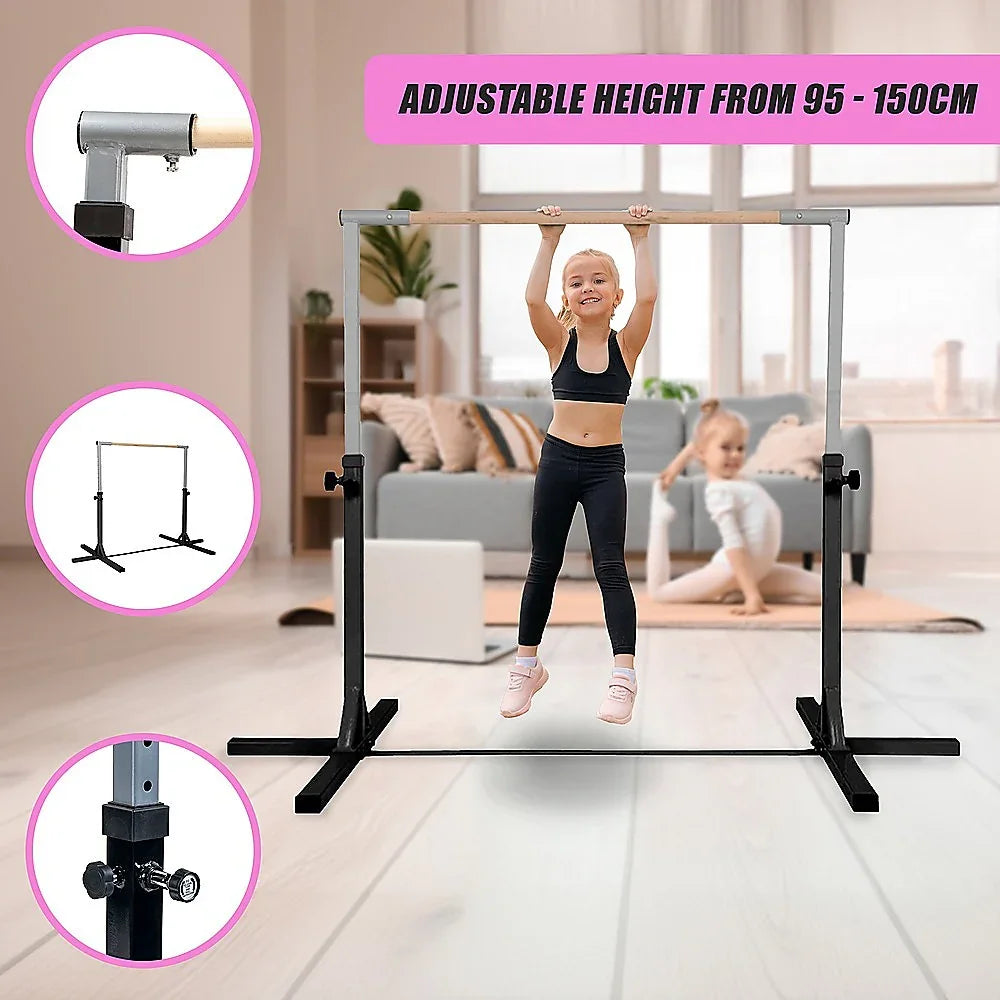 Adjustable kids gymnastics bar with girl swinging, home gym equipment, black and wood, 95-150cm height.
