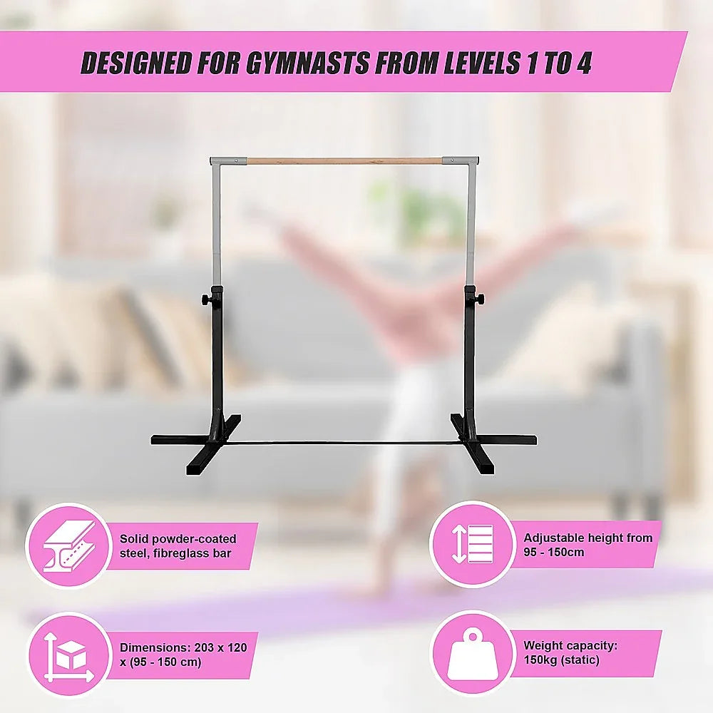 Adjustable gymnastics bar for home use, steel and fiberglass, for gymnasts levels 1-4