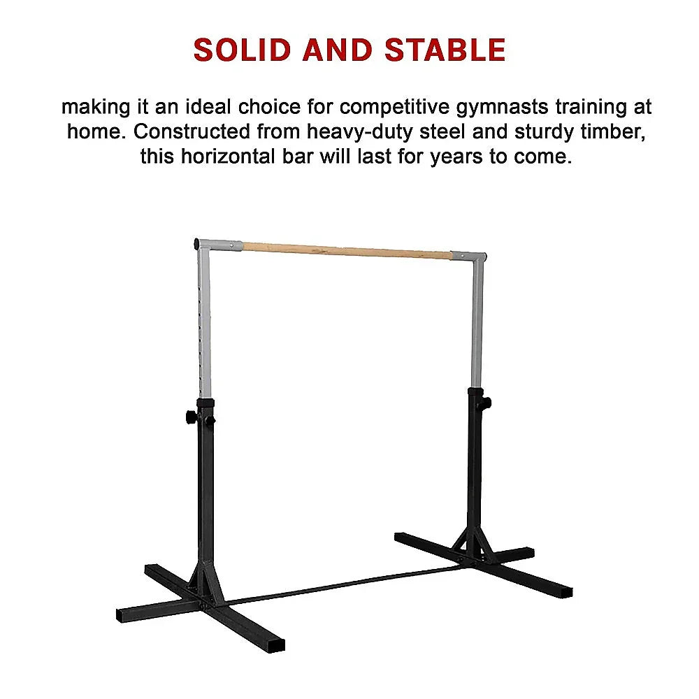 Adjustable gymnastics horizontal bar with steel frame and wooden bar for home training