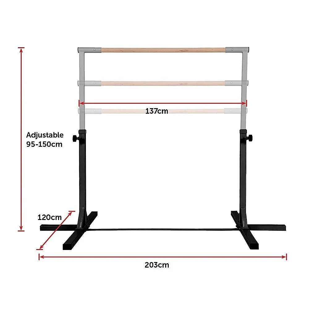 Adjustable double ballet barre with measurements, black metal frame and wood bars, 203cm wide