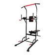 Multi-function power tower workout station with black and red frame, pull-up bar, and bench
