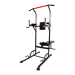 Multi-function power tower workout station with black and red frame, pull-up bar, and bench